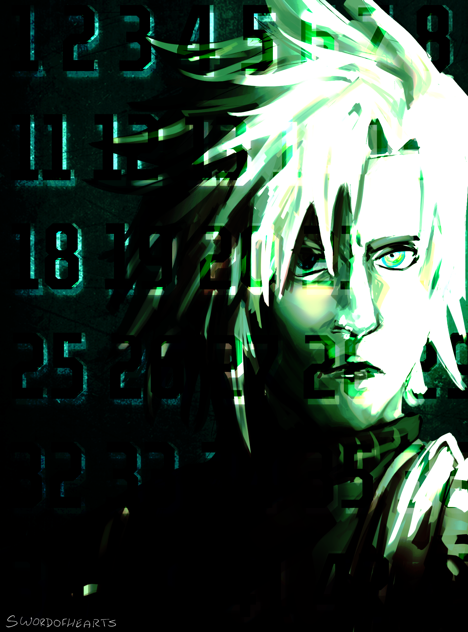 cloud strife with a lot of green and numbers